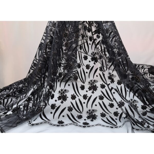 Tulle Floccato Glitter Disegno D - al Metro - Nero Floccato Nero Glitter Nero