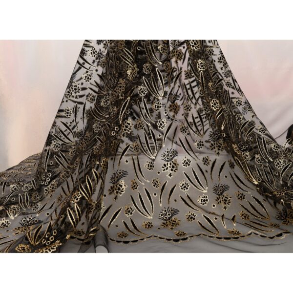 Tulle Floccato Glitter Disegno D - al Metro - Nero Floccato Nero Glitter Oro