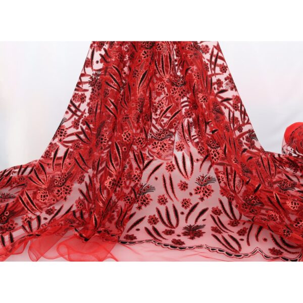 Tulle Floccato Glitter Disegno D - al Metro - Rosso Floccato Nero Glitter Rosso