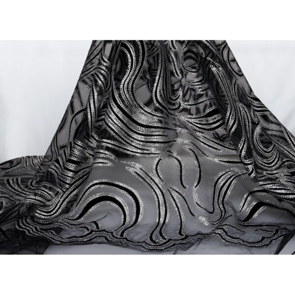 Tulle Floccato Glitter Disegno F - al Metro - Nero Floccato Nero Glitter Argento