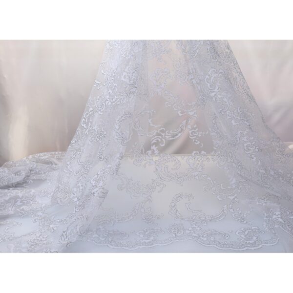 Tulle Floccato Glitter Disegno G - al Metro - Bianco Floccato Bianco Glitter Argento