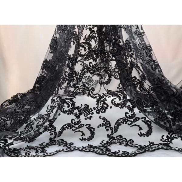 Tulle Floccato Glitter Disegno G - al Metro - Nero Floccato Nero Glitter Nero