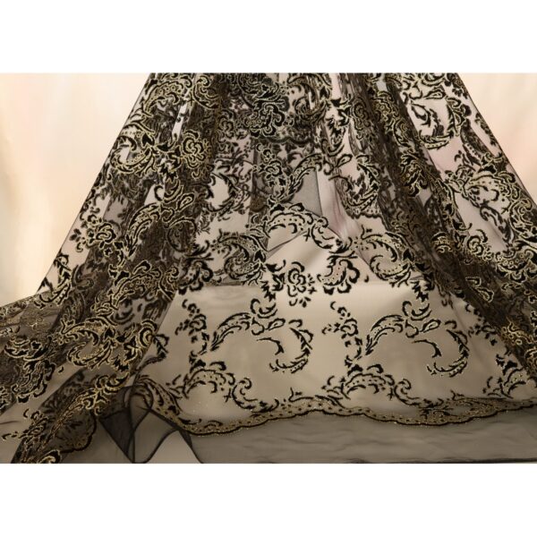 Tulle Floccato Glitter Disegno G - al Metro - Nero Floccato Nero Glitter Oro