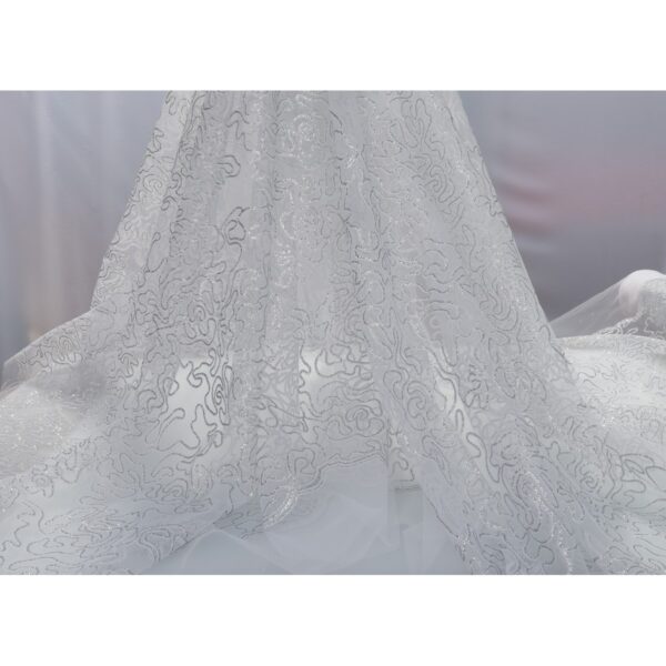 Tulle Floccato Glitter Disegno H - al Metro - Bianco Floccato Bianco Glitter Argento