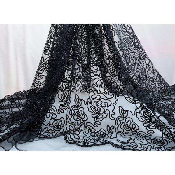 Tulle Floccato Glitter Disegno H - al Metro - Nero Floccato Nero Glitter Nero