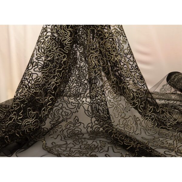 Tulle Floccato Glitter Disegno H - al Metro - Nero Floccato Nero Glitter Oro
