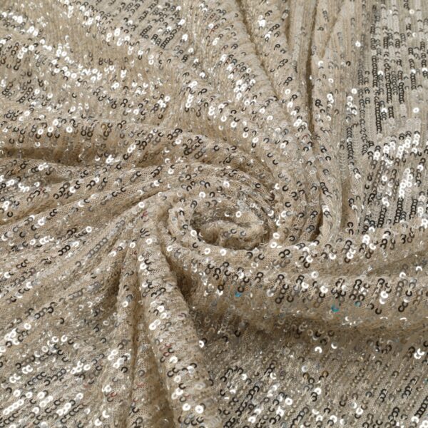 Tessuto Paillettes su Tulle Elastico - al Metro - Panna Paillettes Argento