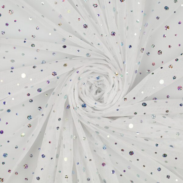 Tulle Mesh Bielastico con Paillettes Big & Small - al Metro - Bianco Paillettes Madreperla