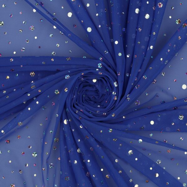 Tulle Mesh Bielastico con Paillettes Big & Small - al Metro - Blu Royal Paillettes Madreperla