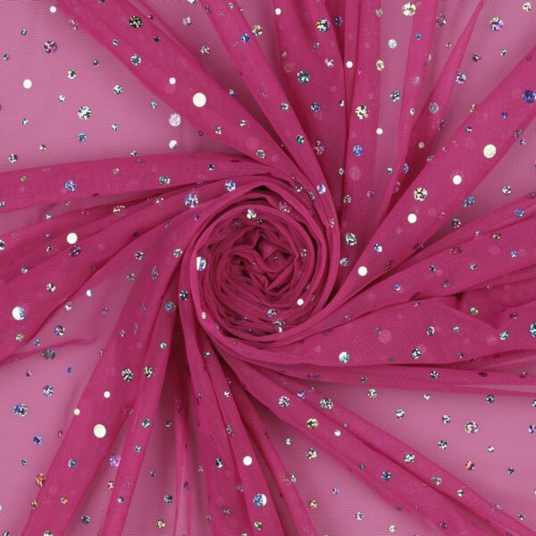 Tulle Mesh Bielastico con Paillettes Big & Small - al Metro - Fucsia Paillettes Madreperla