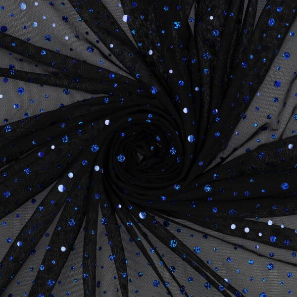 Tulle Mesh Bielastico con Paillettes Big & Small - al Metro - Nero Paillettes Blu