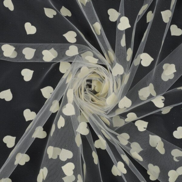 Tulle Floccato Glitter Cuore - al Metro - Bianco Seta