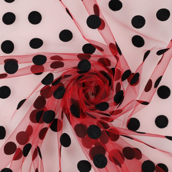 Tulle Floccato Pois - al Metro - Rosso Pois Nero
