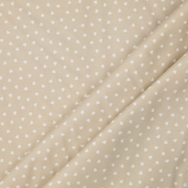 Tessuto Piquet di Cotone Stampato - Cuore Bianco Fondo Beige