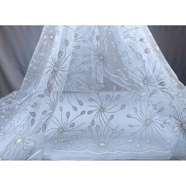 Tulle Floccato Glitter Disegno Fiesta - con Doppia Balza - al Metro - Bianco Glitter Argento