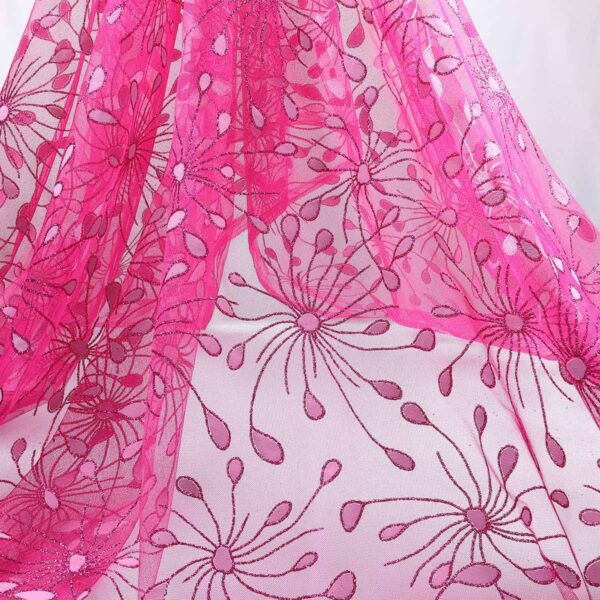 Tulle Floccato Glitter Disegno Fiesta - con Doppia Balza - al Metro - Fucsia Glitter Fucsia