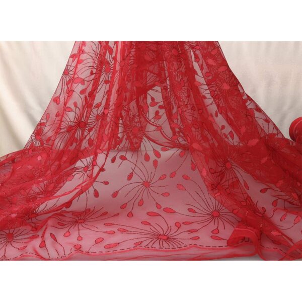 Tulle Floccato Glitter Disegno Fiesta - con Doppia Balza - al Metro - Rosso Glitter Rosso