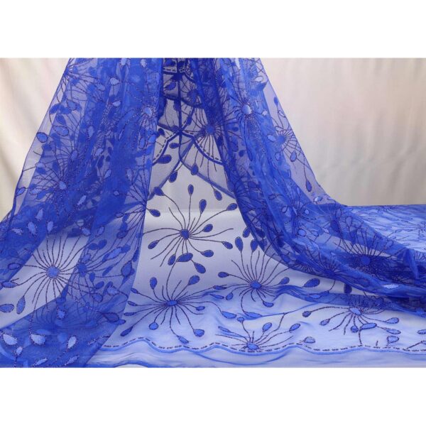 Tulle Floccato Glitter Disegno Fiesta - con Doppia Balza - al Metro - Blu Royal Glitter Blu