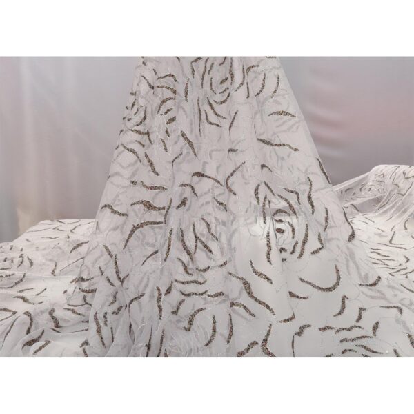Tulle Glitter Rosone Astratto - al Metro - Bianco Glitter Argento con Microperline Multicolor