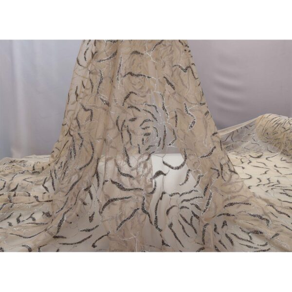 Tulle Glitter Rosone Astratto - al Metro - Nudo Glitter Argento con Microperline Multicolor