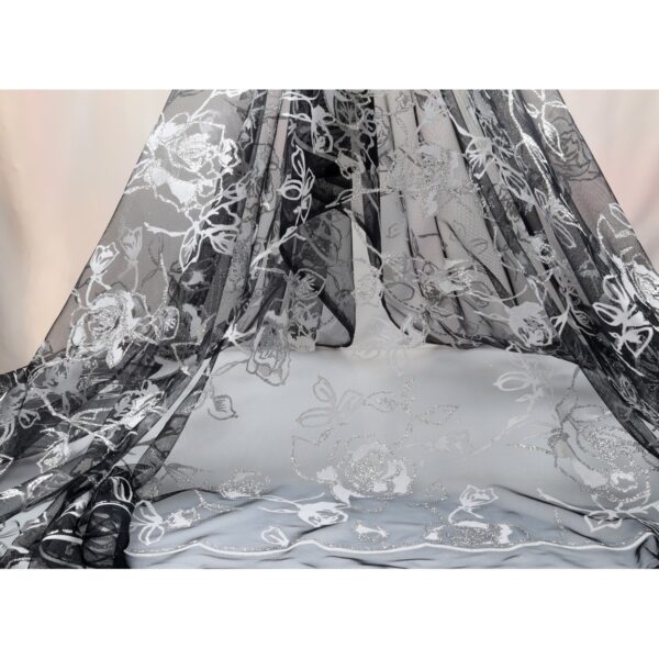 Tulle Floccato Glitter Rosone - al Metro - Nero Floccato Bianco Glitter Argento