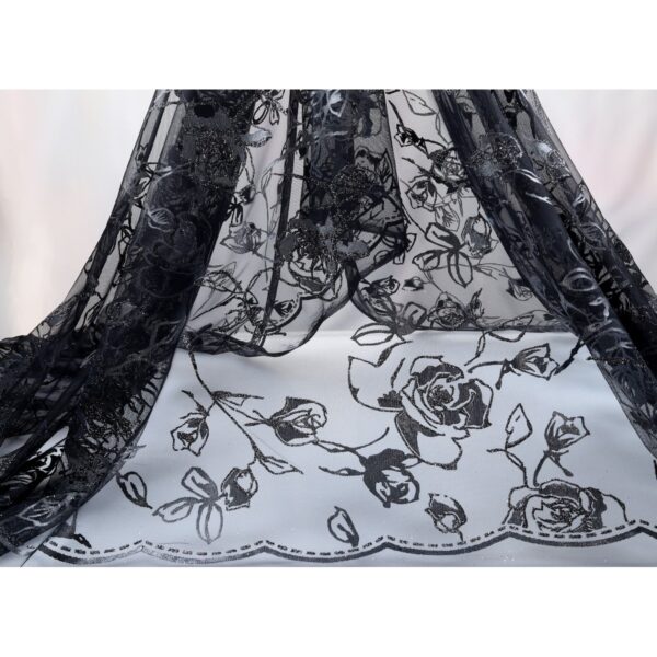 Tulle Floccato Glitter Rosone - al Metro - Nero Floccato Nero Glitter Nero