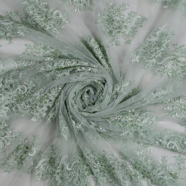 Pizzo Macramè Pregiato – Fantasia Cristallo Fiorito – al Metro – Verde Acqua